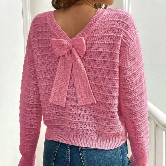 Hot Pink Casual Women's Minimalist Bow Decor Crew Neck Sweater - Picture 3 of 6